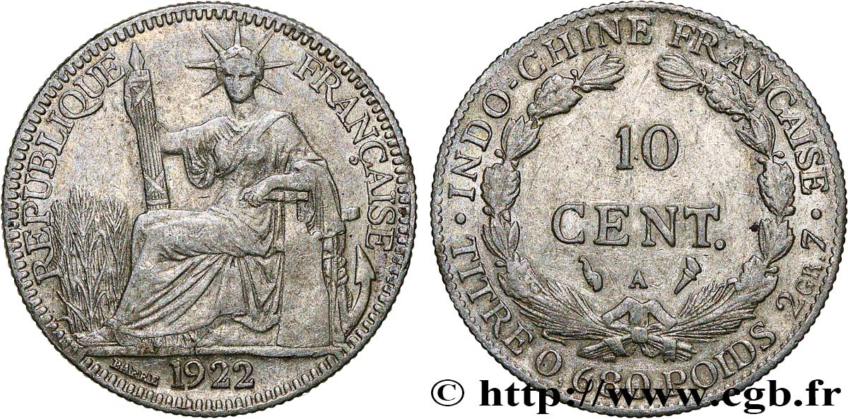 FRENCH INDOCHINA 10 Centièmes 1922 Paris VF 