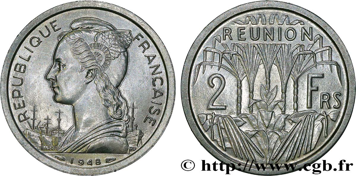 REUNION INSEL 2 Francs 1948 Paris fST 