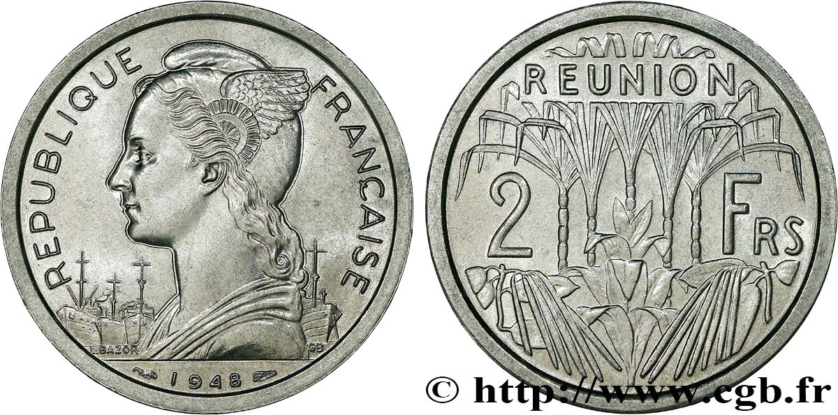 REUNION ISLAND 2 Francs 1948 Paris MS 