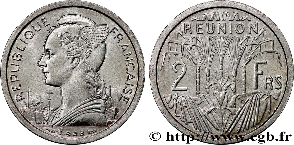 ÎLE DE LA RÉUNION 2 Francs 1948 Paris SPL 