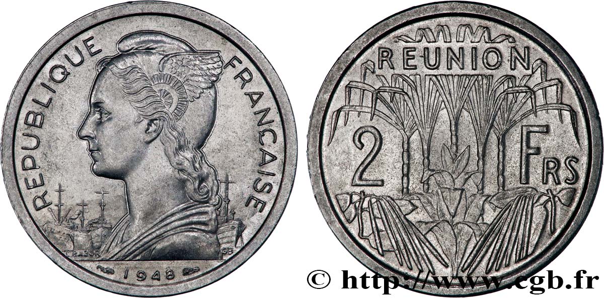REUNION ISLAND 2 Francs 1948 Paris MS 