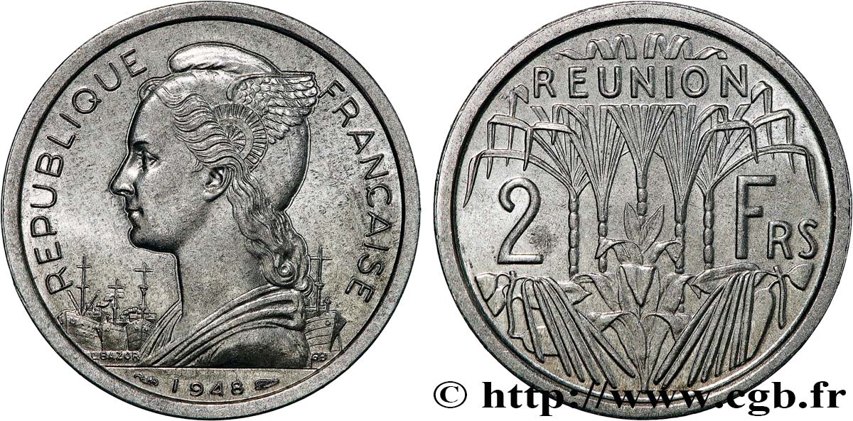 REUNION INSEL 2 Francs 1948 Paris fST 