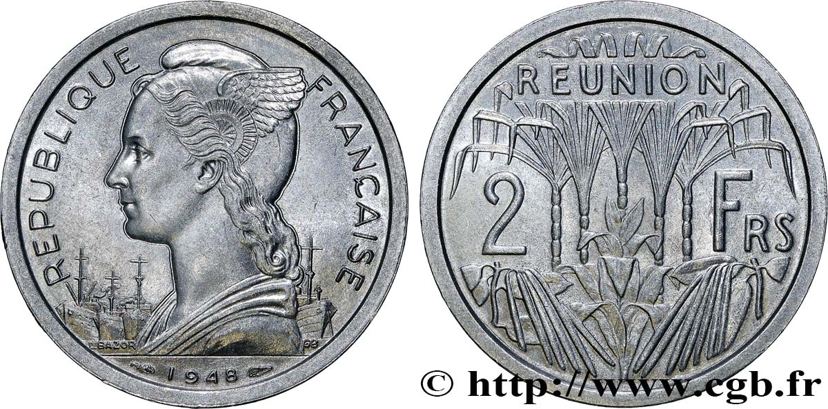 ISLA DE LA REUNIóN 2 Francs 1948 Paris SC 
