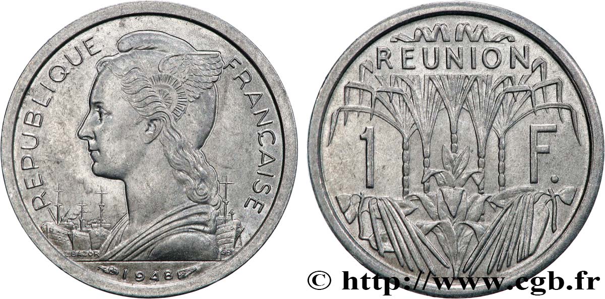 ISLA DE LA REUNIóN 1 Franc Marianne / canne à sucre 1948 Paris SC 