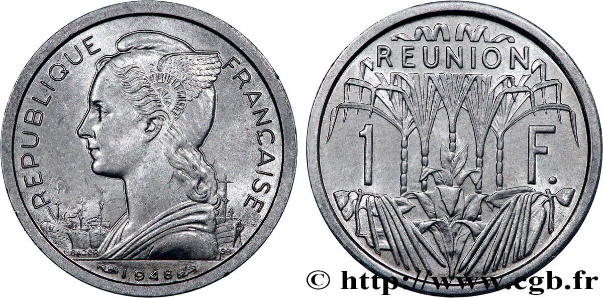 ISLA DE LA REUNIóN 1 Franc Marianne / canne à sucre 1948 Paris SC 