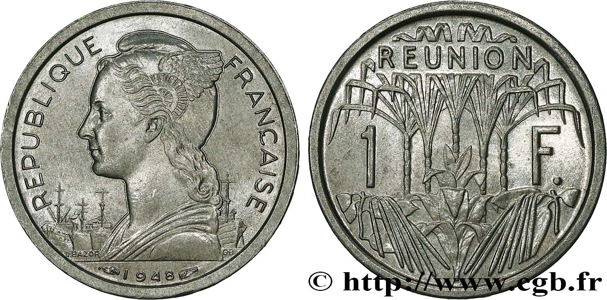 ÎLE DE LA RÉUNION 1 Franc Marianne / canne à sucre 1948 Paris SPL 