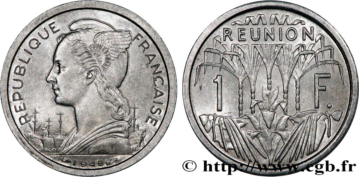 ÎLE DE LA RÉUNION 1 Franc Marianne / canne à sucre 1948 Paris SPL 