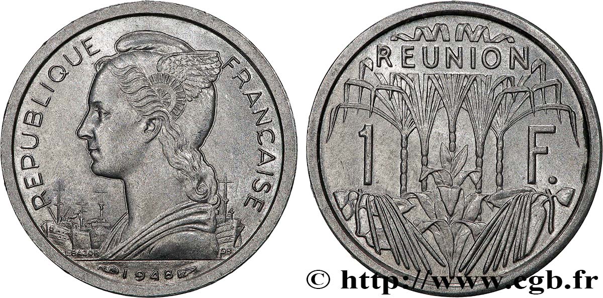 ÎLE DE LA RÉUNION 1 Franc Marianne / canne à sucre 1948 Paris SPL 