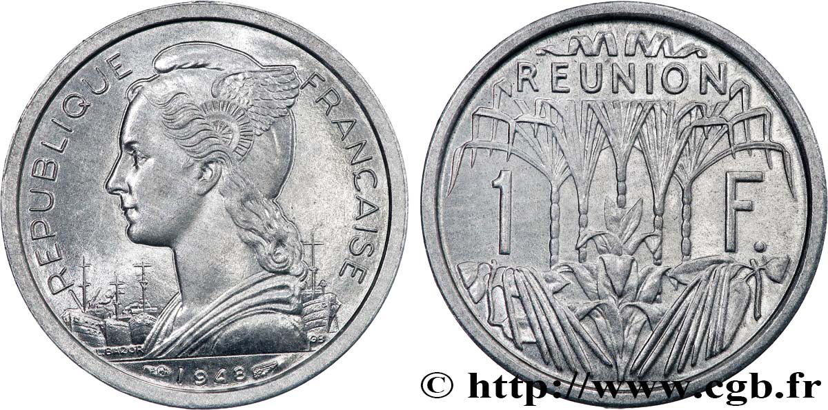 REUNION 1 Franc Marianne / canne à sucre 1948 Paris MS 