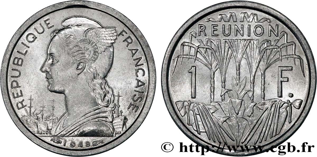 ÎLE DE LA RÉUNION 1 Franc Marianne / canne à sucre 1948 Paris SPL 