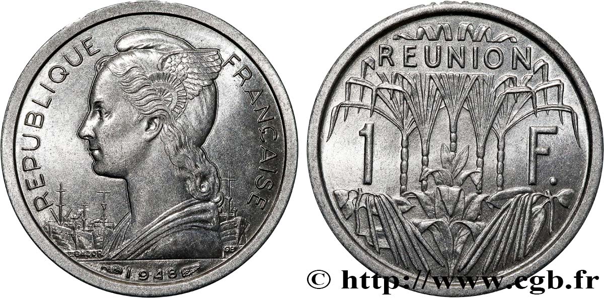 ÎLE DE LA RÉUNION 1 Franc Marianne / canne à sucre 1948 Paris SPL 