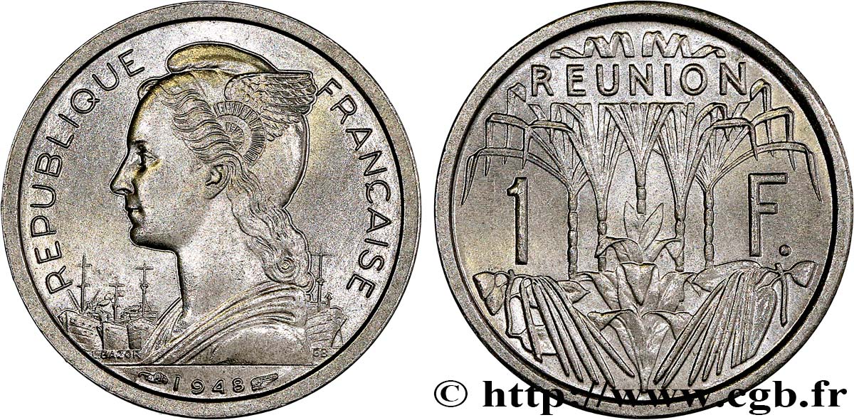 ÎLE DE LA RÉUNION 1 Franc Marianne / canne à sucre 1948 Paris SPL 