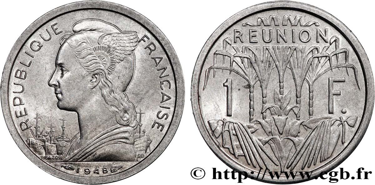 ÎLE DE LA RÉUNION 1 Franc Marianne / canne à sucre 1948 Paris SPL 