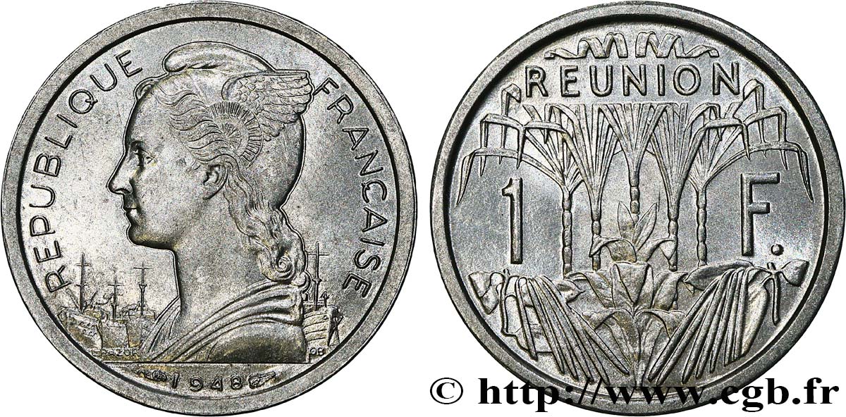 REUNION INSEL 1 Franc Marianne / canne à sucre 1948 Paris fST 