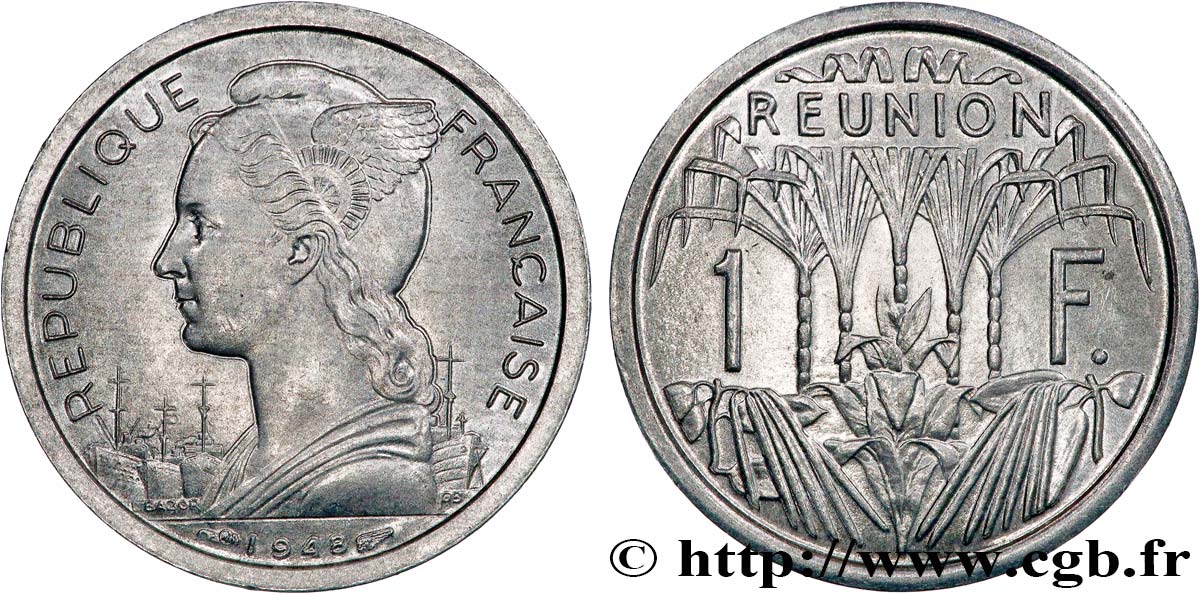 ÎLE DE LA RÉUNION 1 Franc Marianne / canne à sucre 1948 Paris SPL 
