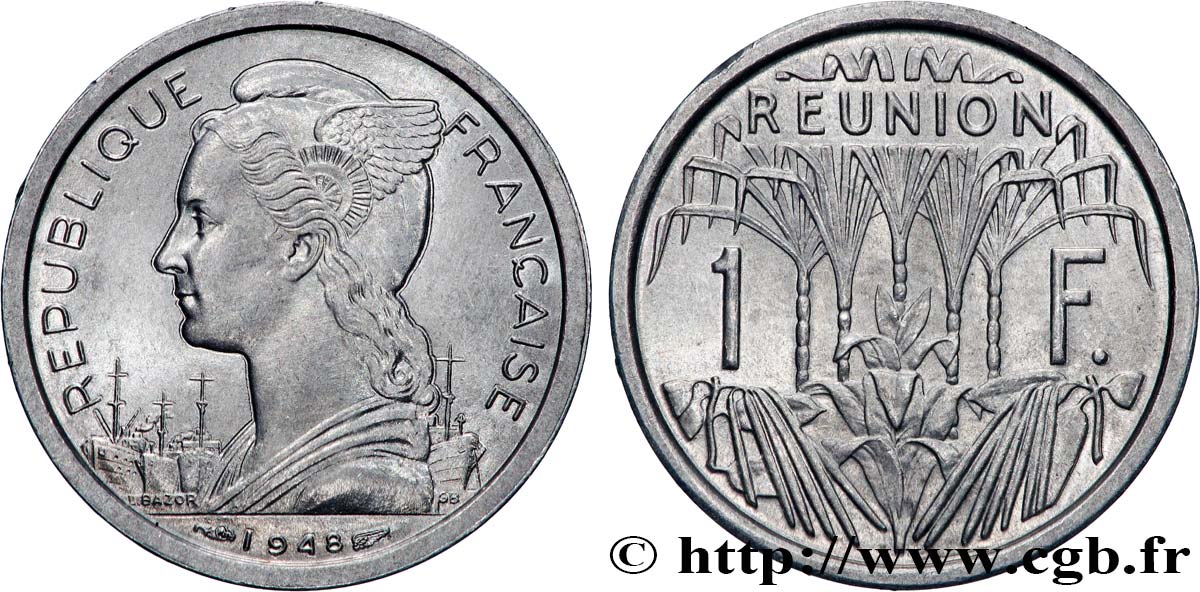 ÎLE DE LA RÉUNION 1 Franc Marianne / canne à sucre 1948 Paris SPL 