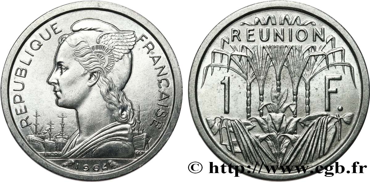 ÎLE DE LA RÉUNION 1 Franc Marianne / canne à sucre 1964 Paris SPL 