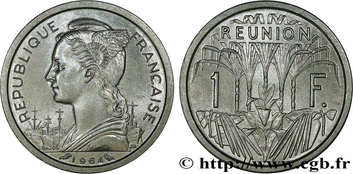 ÎLE DE LA RÉUNION 1 Franc Marianne / canne à sucre 1964 Paris SPL 