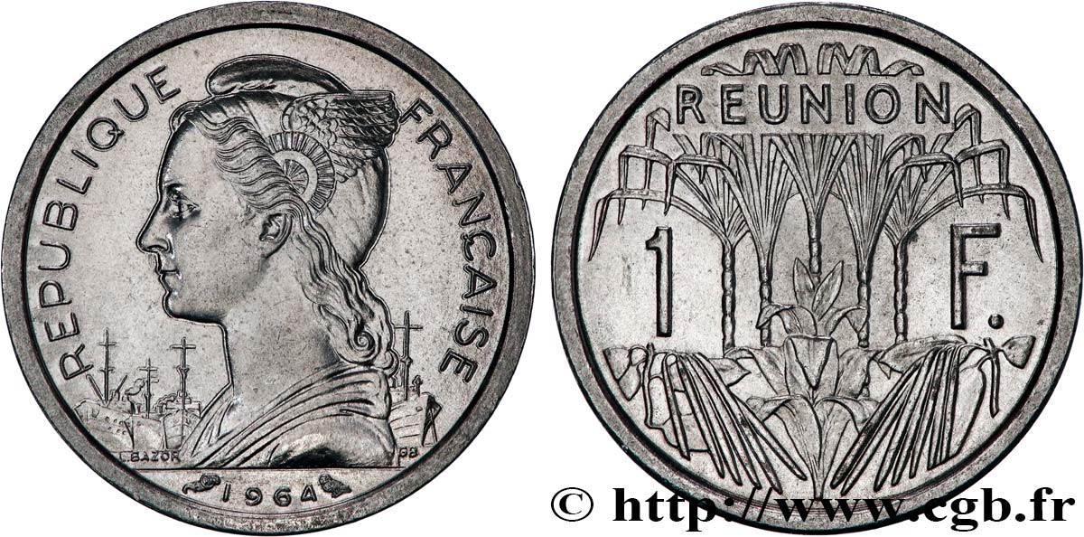 REUNION ISLAND 1 Franc Marianne / canne à sucre 1964 Paris MS 