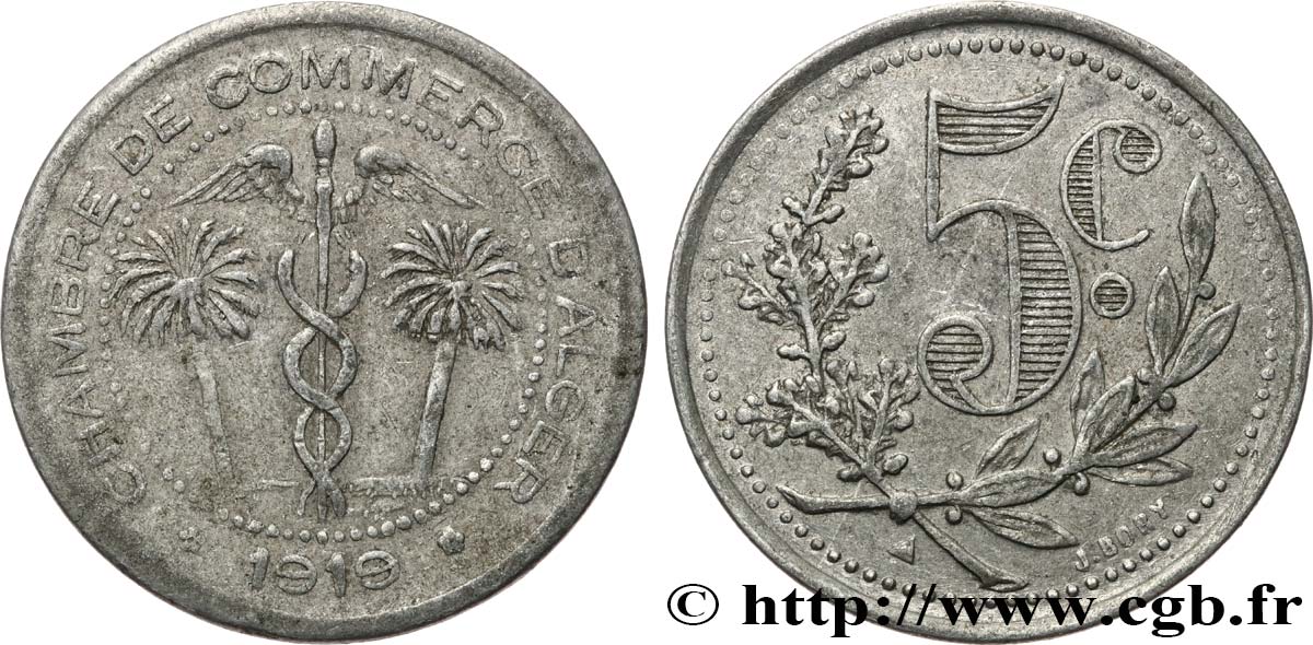 ALGÉRIE 5 Centimes Chambre de commerce d’Alger 1919 ALGER TTB 