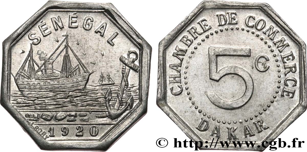 AFRIQUE FRANÇAISE - SÉNÉGAL 5 Centimes Chambre de Commerce de Dakar 1920  EBC 