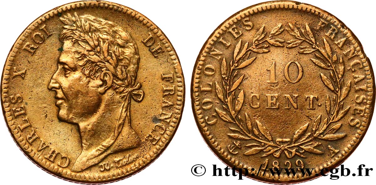 COLONIAS FRANCESAS - Charles X, para Guayana 10 Centimes Charles X 1829 Paris - A MBC 
