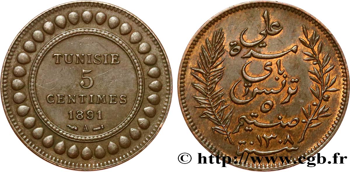 TUNISIE - PROTECTORAT FRANÇAIS 5 Centimes AH1310 1893 Paris SUP 