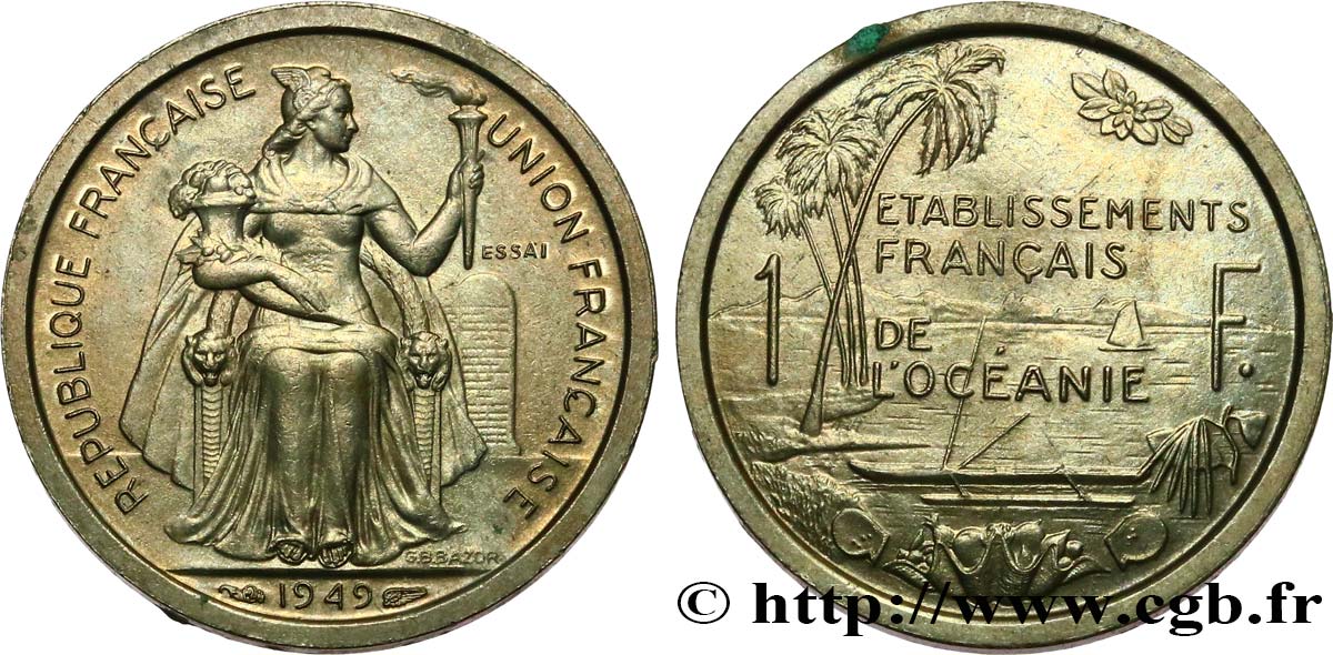 FRENCH POLYNESIA - Oceania Francesa Essai de 1 Franc Établissements français de l’Océanie 1949 Paris SC 