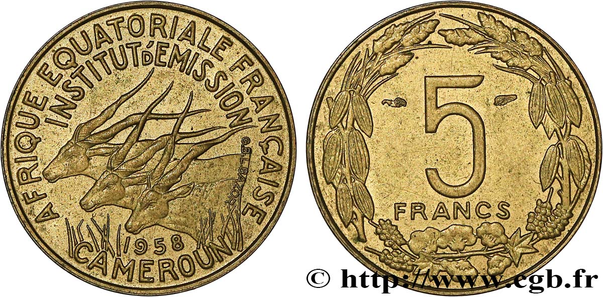 FRANZÖSISCHE EQUATORIAL AFRICA - KAMERUN 5 Francs 1958 Paris VZ 