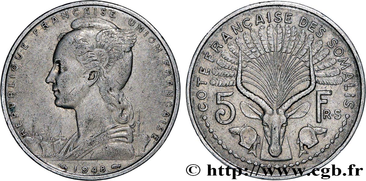 SOMALIA FRANCESE 5 Francs 1948 Paris q.BB 