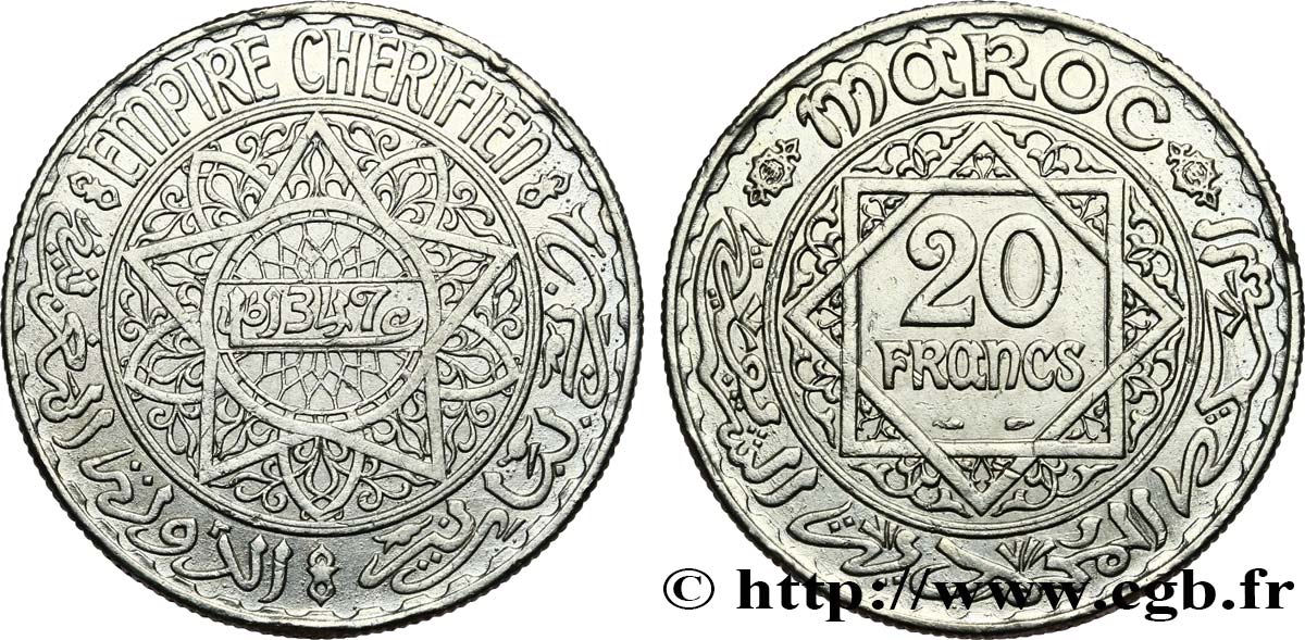 MARUECOS - PROTECTORADO FRANCÉS 20 Francs AH 1347 1928 Paris MBC 