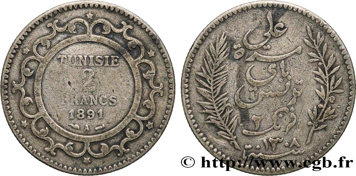 TUNISIA - Protettorato Francese 2 Francs AH1308 1891 Paris - A MB 