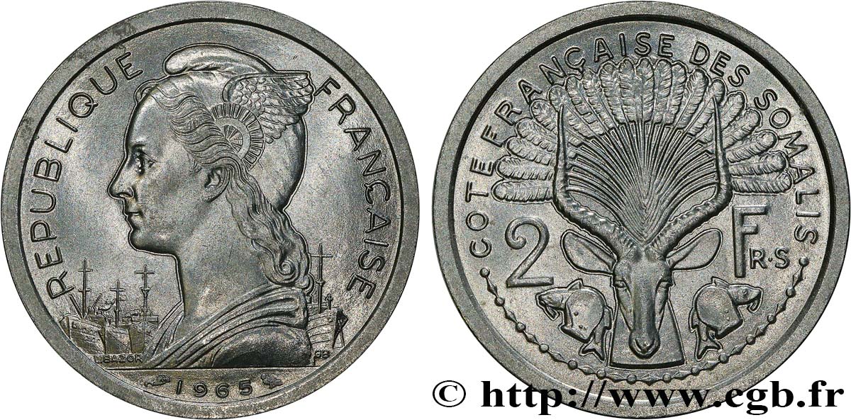 SOMALIA FRANCESE 2 Francs Marianne / antilope 1965 Paris FDC 