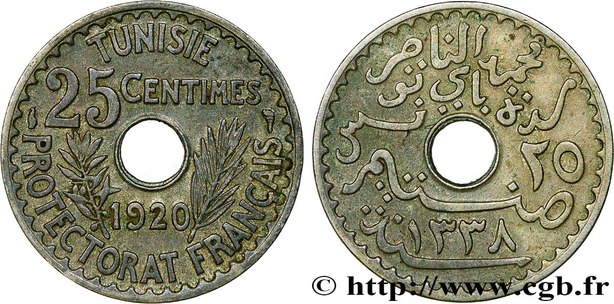 TUNISIE - PROTECTORAT FRANÇAIS 25 Centimes AH1338 1920 Paris TTB 