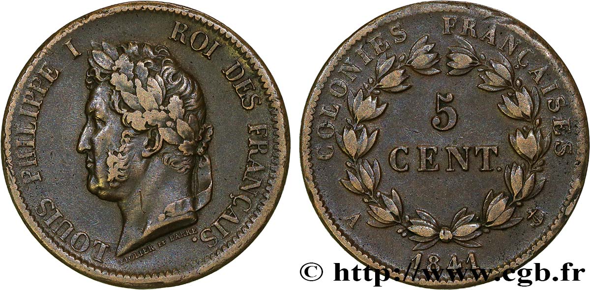 COLONIE FRANCESI - Luigi Filippo, per Guadalupa 5 Centimes Louis Philippe Ier 1841 Paris - A q.SPL 