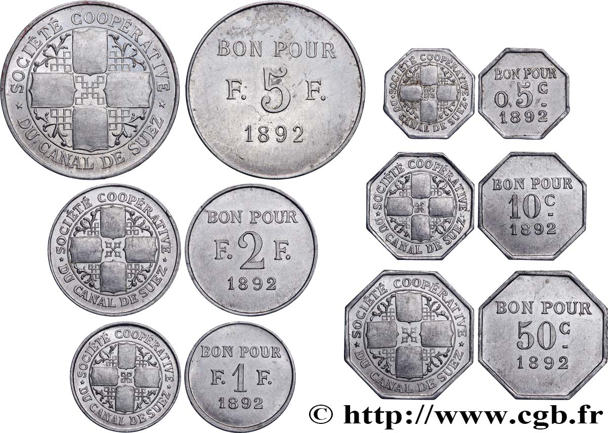 EGITTO - CANALE DI SUEZ Série complète 5, 10 et 50 centimes, 1, 2 et 5 Francs de la Société Coopérative du Canal de Suez,  1892  BB/SPL 