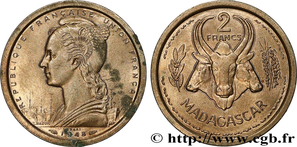 MADAGASCAR - UNION FRANCESE 2 Francs ESSAI 1948 Paris SPL 