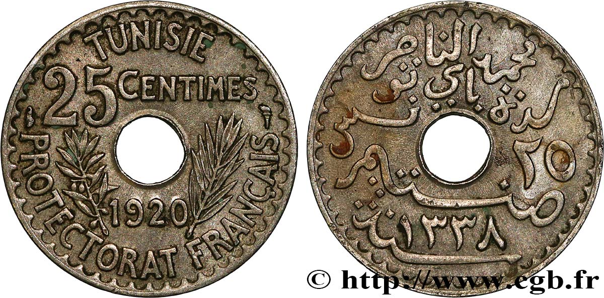 TUNISIA - Protettorato Francese 25 Centimes AH1338 1920 Paris BB 