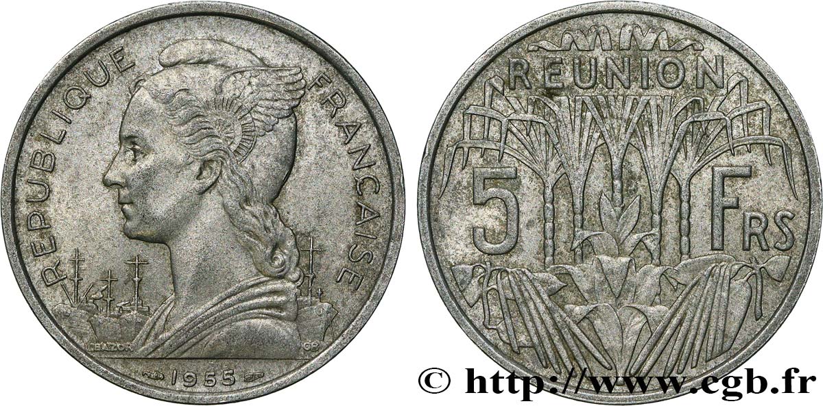 REUNION ISLAND 5 Francs 1955 Paris XF 