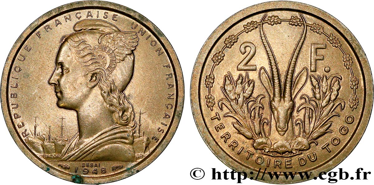 TOGO - UNIóN FRANCESA Essai de 2 Francs 1948 Paris EBC 