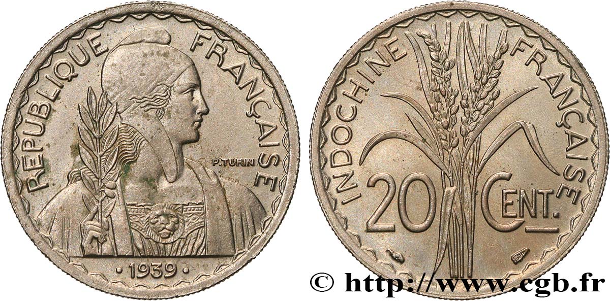 INDOCHINE FRANÇAISE 20 Centièmes 1939 Paris SUP 