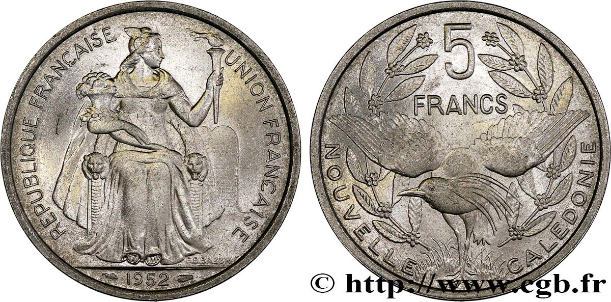 NOUVELLE CALÉDONIE 5 Francs Union Française 1952 Paris SPL 