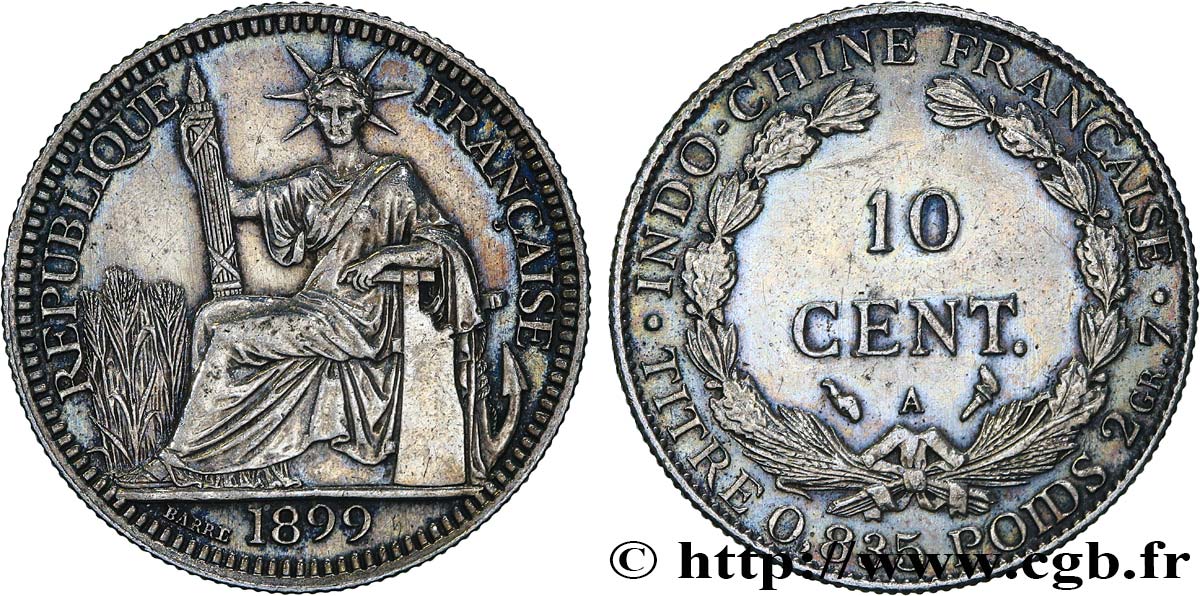 INDOCHINA 10 Centièmes 1899 Paris EBC 