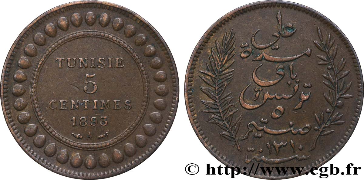 TUNESIEN - Französische Protektorate  5 Centimes AH1310 1893 Paris SS 