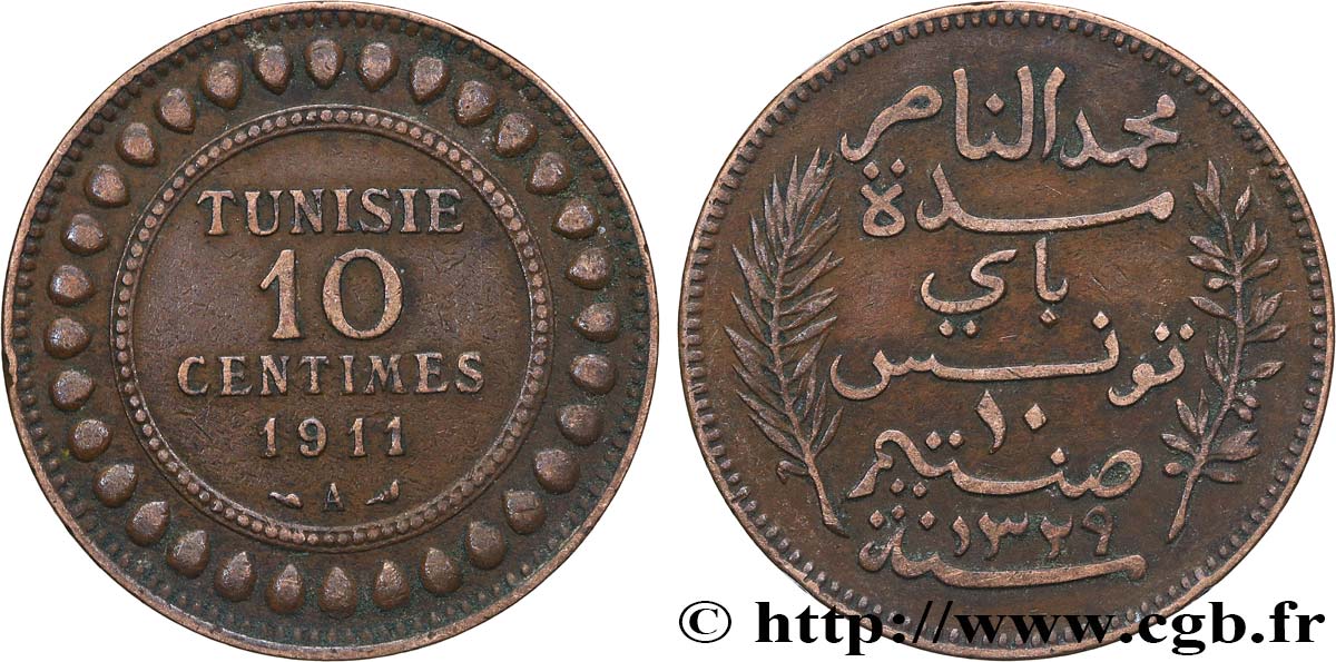 TUNEZ - Protectorado Frances 10 Centimes AH1329 1911 Paris MBC 