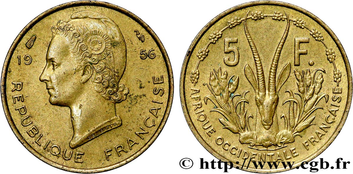 FRENCH WEST AFRICA 5 Francs 1956 Paris AU 