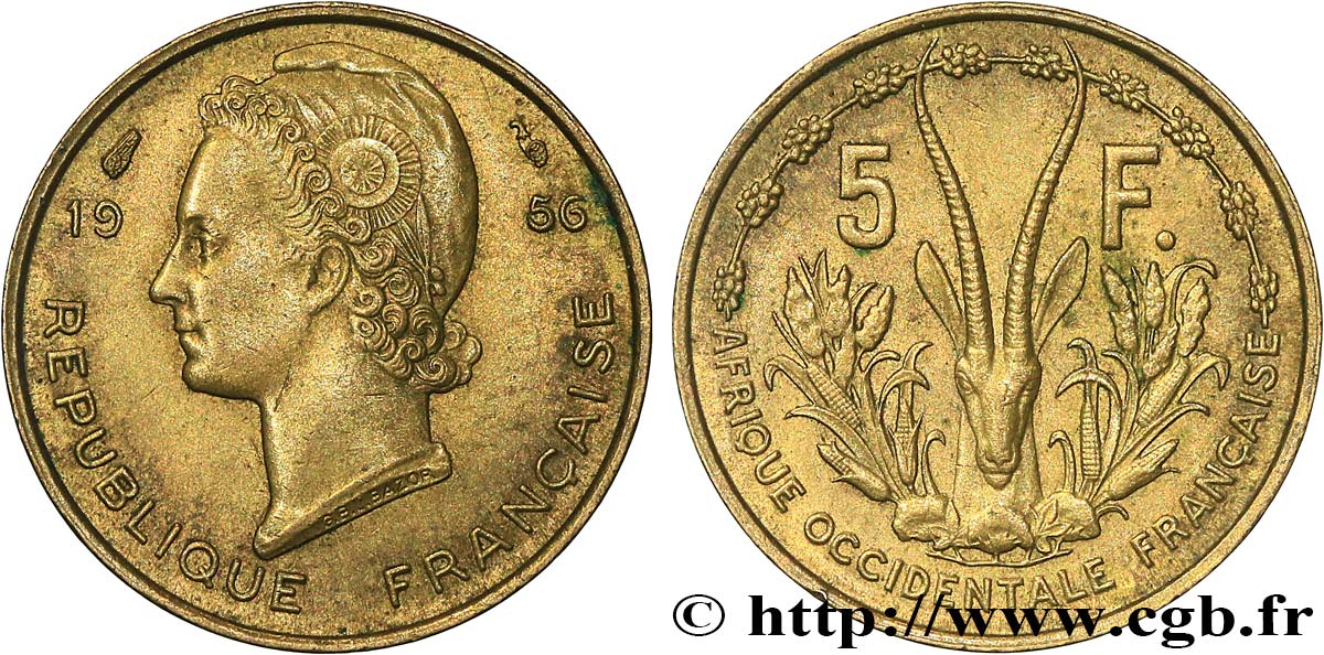 FRENCH WEST AFRICA 5 Francs 1956 Paris AU 