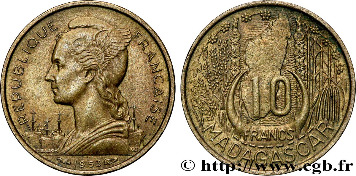 MADAGASCAR - UNION FRANCESE 10 Francs 1953 Paris q.SPL 