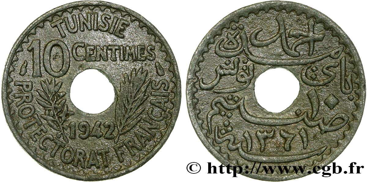 TUNISIA - French protectorate 10 Centimes AH 1361 1942 Paris XF 