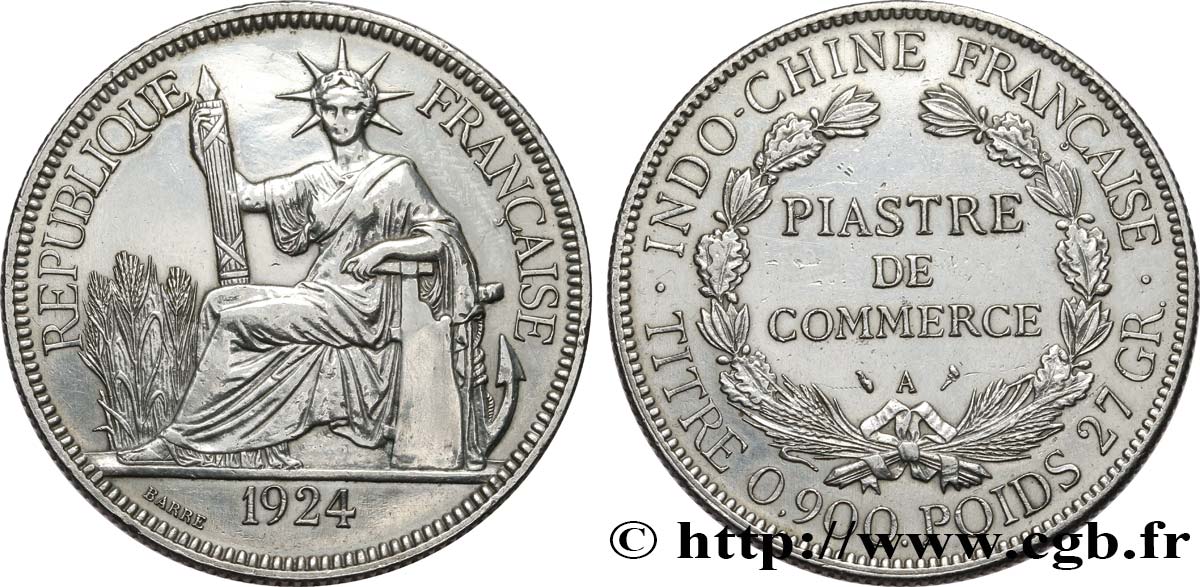 INDOCHINE FRANÇAISE 1 Piastre de Commerce 1924 Paris TTB 